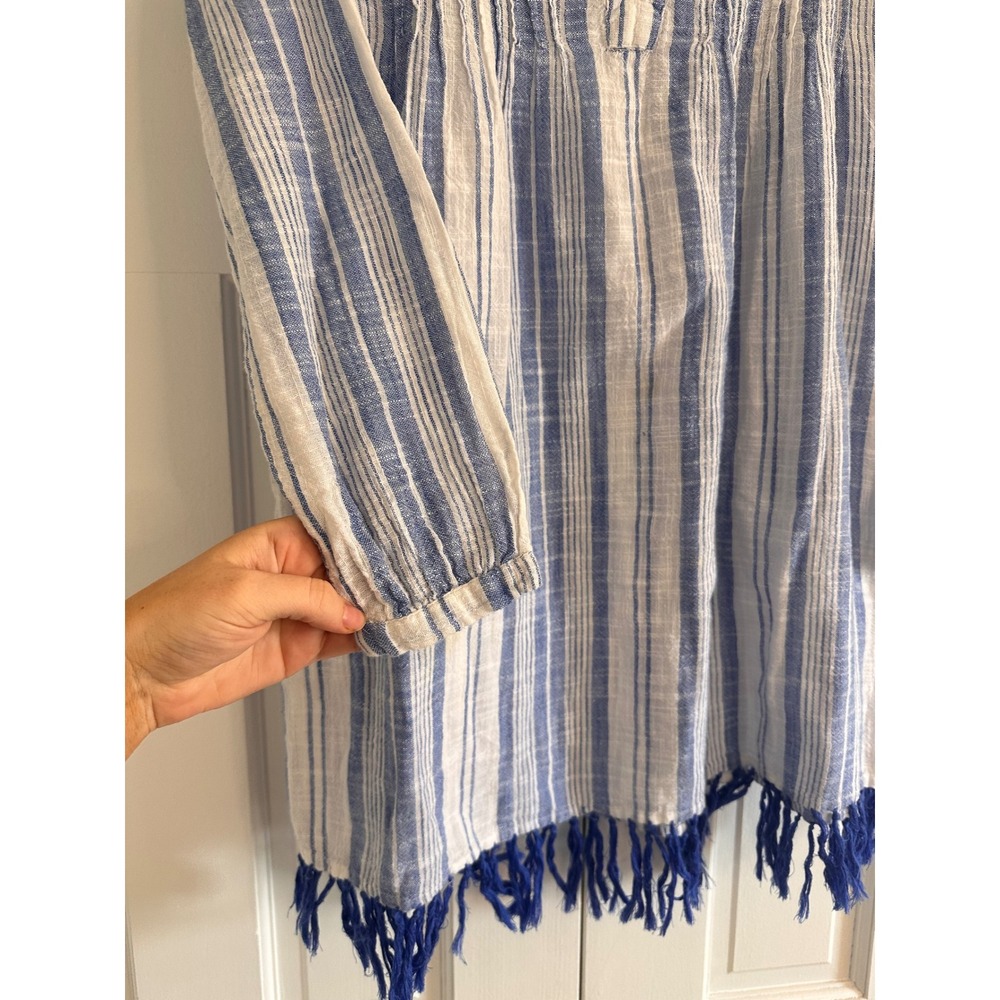 Roller Rabbit Blue White Striped Fringe Tassel Tunic Dress XS Boho Coastal AS IS - Picture 2 of 5